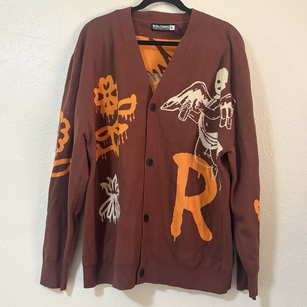 Rebel Minds Cardigan Mens XL Brown Orange Graffiti Cherub Angel Streetwear